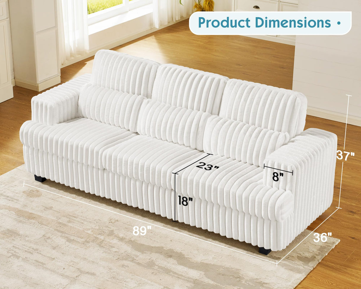 VanAcc 89 Inch Sofa, Modern Couch with Deep Seats, Comfy Sofa with 3 Throw Pillows, Upholstered Couch for Living Room, White VanAcc