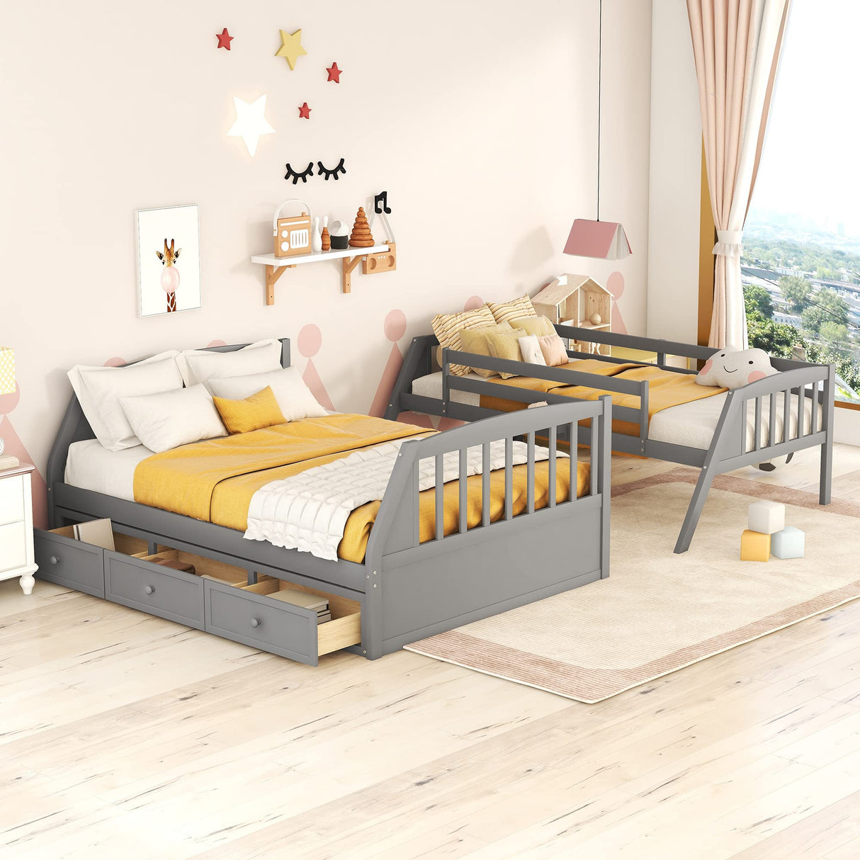 MeraxTwin Over Full Bunk Bed with Drawers,Ladder and Storage Staircase, Gray Wood Bed Frame, No Box Spring Need Merax