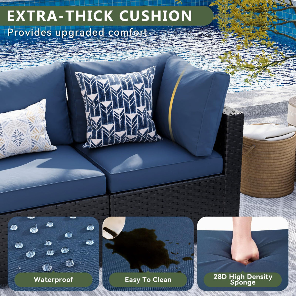 Aoxun 12 Piece Patio Furniture Set with 44” Fire Pit Table Wicker Rattan Patio Sectional Sofa Set Outdoor Seating Furniture with Thickened Cushion, Navy Blue Aoxun