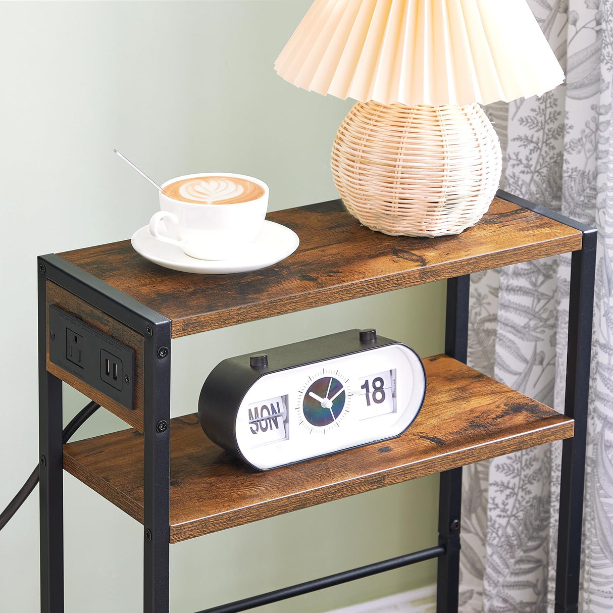 HOOBRO Small Narrow Side Table with Charging Station, Skinny End Table for Small Spaces, Slim Nightstand with USB Ports Outlet, Sofa Beside Table with Storage Shelf, Rustic Brown and Black BF102UBZ01 HOOBRO