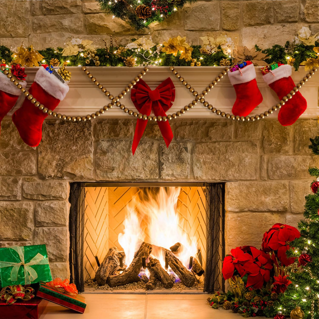 157 inch Christmas Wood Bead Garland,Gold Decorated with Christmas Tree Ornament,Farmhouse Bead Garland for Christmas Decoration Supplies Eerrhhaq