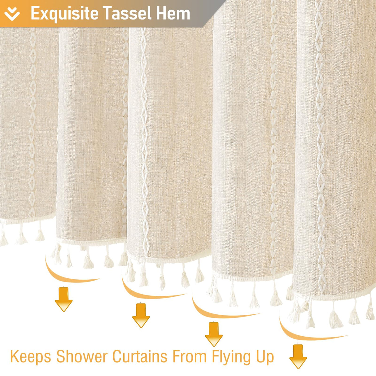 BTTN Boho Farmhouse Shower Curtain, Linen Rustic Weighted Striped Cloth Shower Curtain Set with Tassel, Water Repellent, Bohemian Vintage Country Fabric Shower Curtain for Bathroom, Cream/Beige, 72x72 BTTN