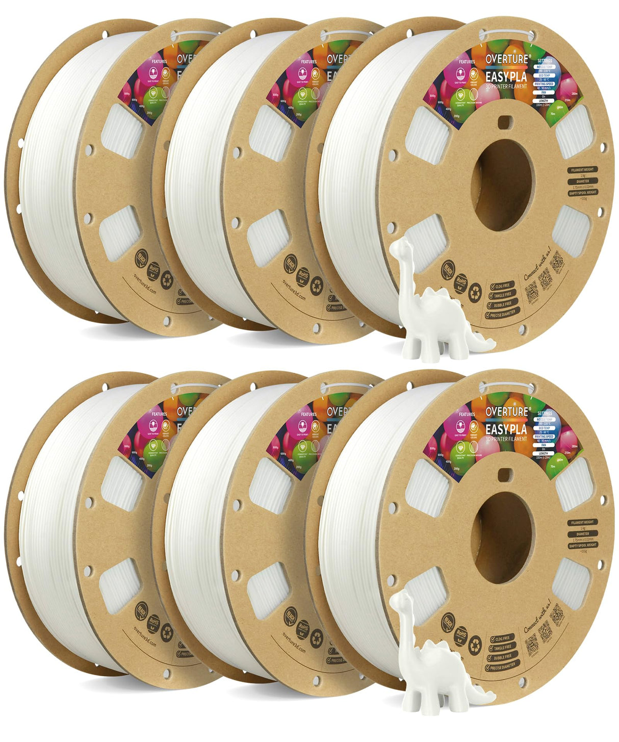 OVERTURE 6KG Bundle Easy PLA 1.75mm 3D Printer Filament, 6 Pack 1kg Spool (2.2lbs), Dimensional Accuracy +/- 0.02mm, Fit Most FDM Printe (Easy White*6) OVERTURE