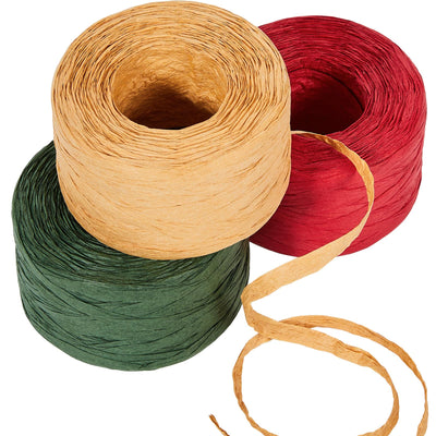 Sooez 3 Rolls Raffia Ribbon Twine String, 540 Feet Christmas Wrapping Paper for Crafts, Red Green Natural Christmas Ribbon for Gift Wrapping, Raffia Yarn for Holiday DIY Supply, 180 Feet Each Roll