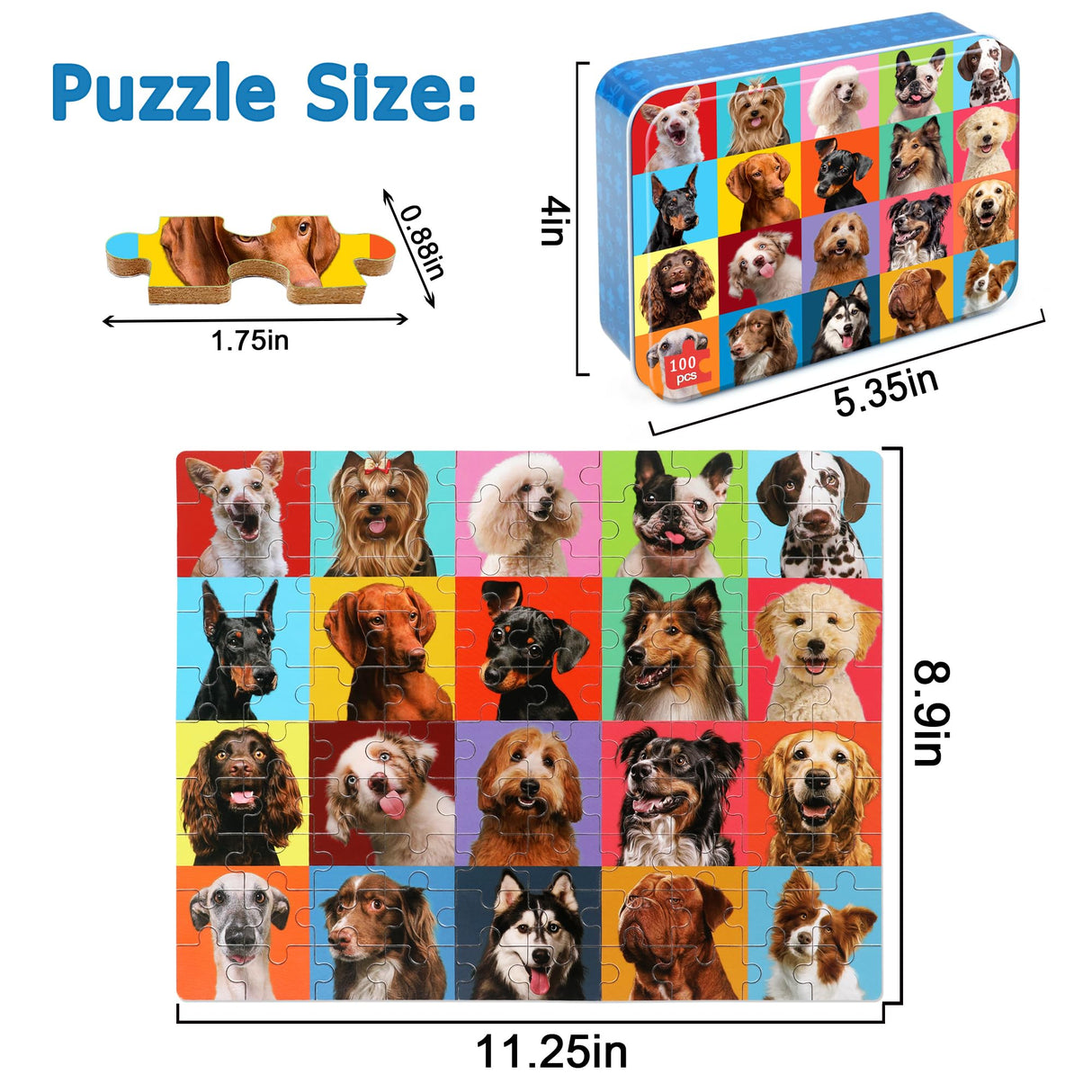 LELEMON Puzzles for Kids Ages 4-6,Dog Puzzle 100 Piece Puzzles for Kids Ages 4-8 in a Metal Box, Educational Kids Puzzles Jigsaw Puzzles 100 Piece Puzzle Games Puzzle Toys for Girls and Boys LELEMON