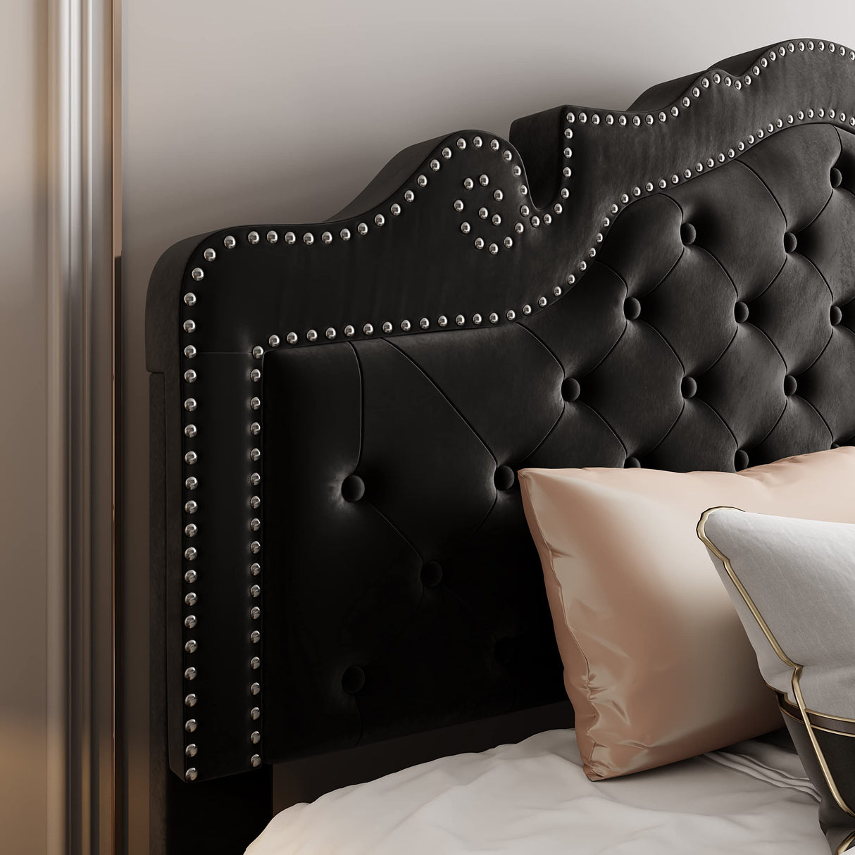 Allewie Full Size Platform Bed Frame with Adjustable Velvet Tiara Headboard, Upholstered Diamond Button Tufted, Wood Slats Support, No Box Spring Needed, Black Allewie