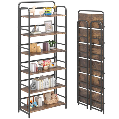 4NM No Assembly Folding Bookshelf, 6 Tier Vintage Industrial Book Shelf,Metal Foldable Storage Bookcase and Bookshelves for Living Room,Bedroom and Kitchen - Rustic Brown