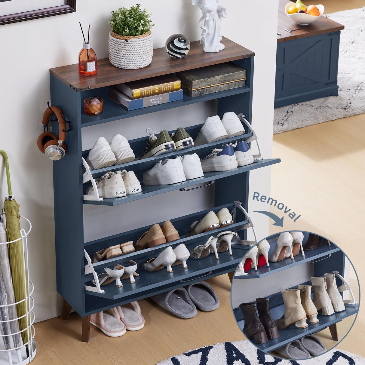 Joaxswe Shoe Storage Cabinet with 2 Flip Drawers, Farmhouse Shoe Organizer for Entryways, Narrow Hidden Rack & Open Storage, Free Standing Closet for Foyers, Hallways, Navy Blue Joaxswe