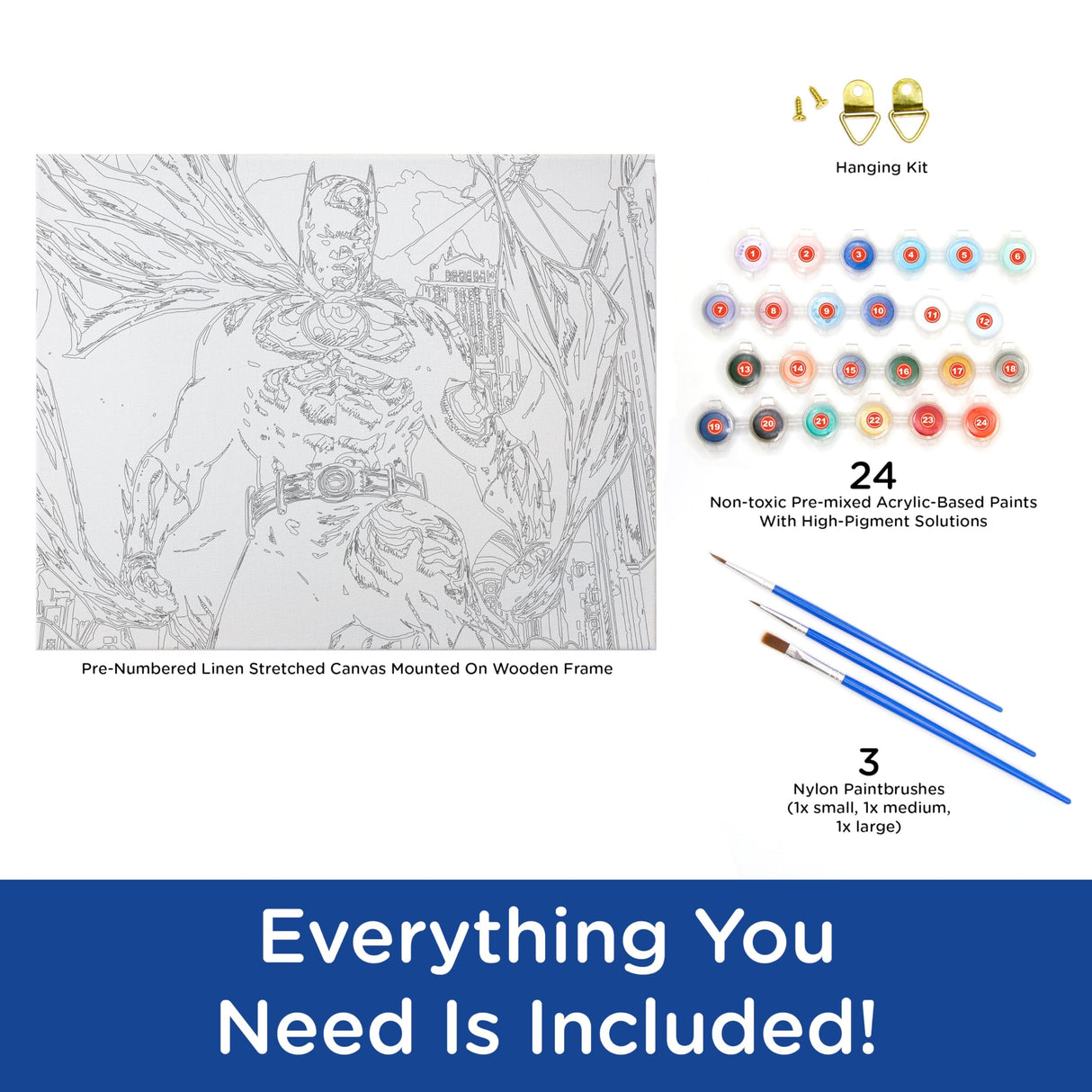 AQUARIUS Batman Art by Numbers Painting Kit (16 x 20 Stretched Canvas) 24 Paints, 3 Paint Brushes, Ready to Hang, Officially Licensed DC Comics Collectible - 16x20 in AQUARIUS