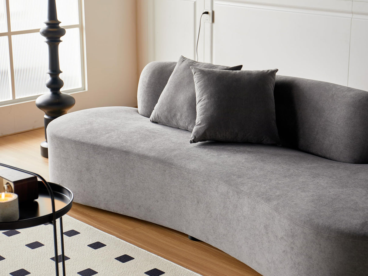 Container Furniture Direct 90" Curved Sofa with Throw Pillows, 4 Seater Luxury Velvet Couch with Half Moon Design and High-Density Foam, Ideal for Modern Living Room, Office & Apartment, Grey Container Furniture Direct