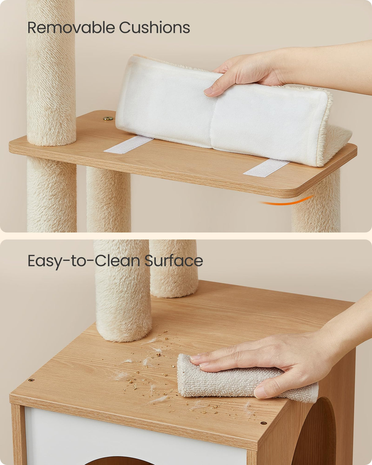 Feandrea Cat Tree, 65-Inch Tall Cat Tower, Multi-Level Cat Condo with Cave, Basket, Hammock, Pompom, Scratching Posts, Almond Yellow UPCT118Y01 Feandrea