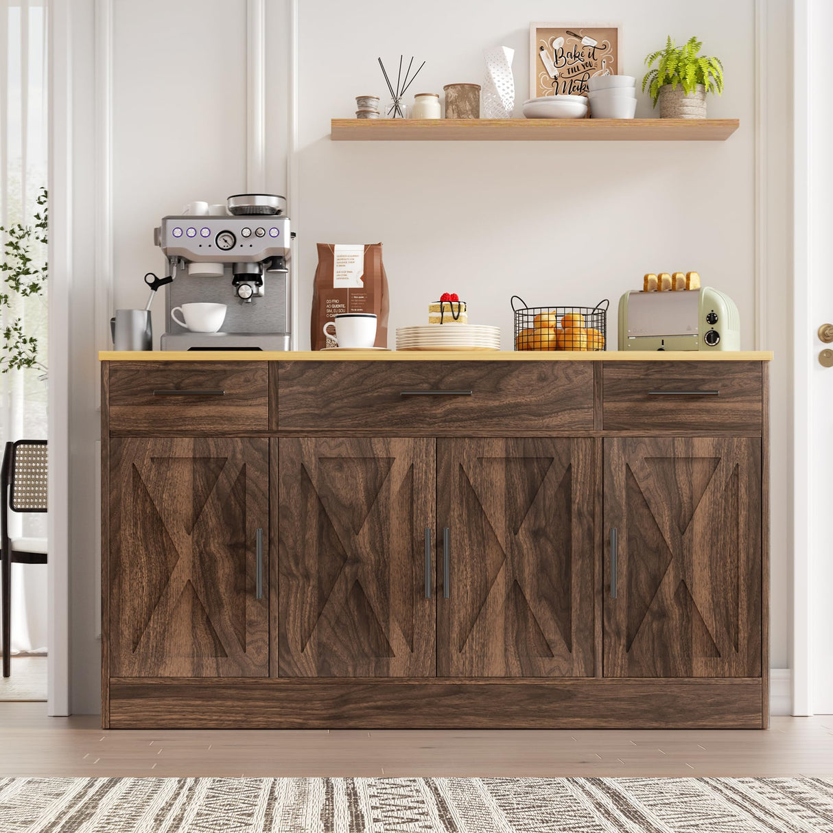 Vongrasig Buffet Cabinet with Drawers, 53” Large Sideboard Buffet Kitchen Storage Cabinet, Modern Farmhouse Coffee Bar with Shelves and Doors, Wood Buffet Table for Kitchen, Dining Room, Rustic Brown Vongrasig