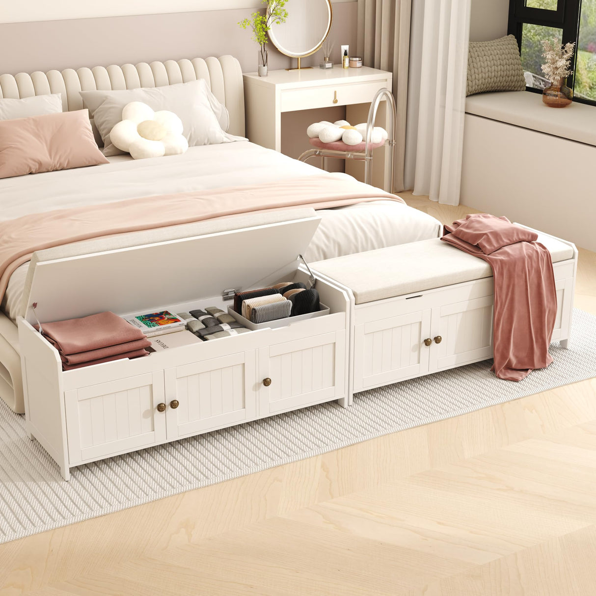 HOMEFORT 41.3" Shoe Bench with Lift Top Storage, Entryway Storage Bench with Cushioned Seat, Wooden End of Bed Bench, Shoe Cabinet Bench with Hidden Storage Space, for Bedroom, Hallway,White HOMEFORT