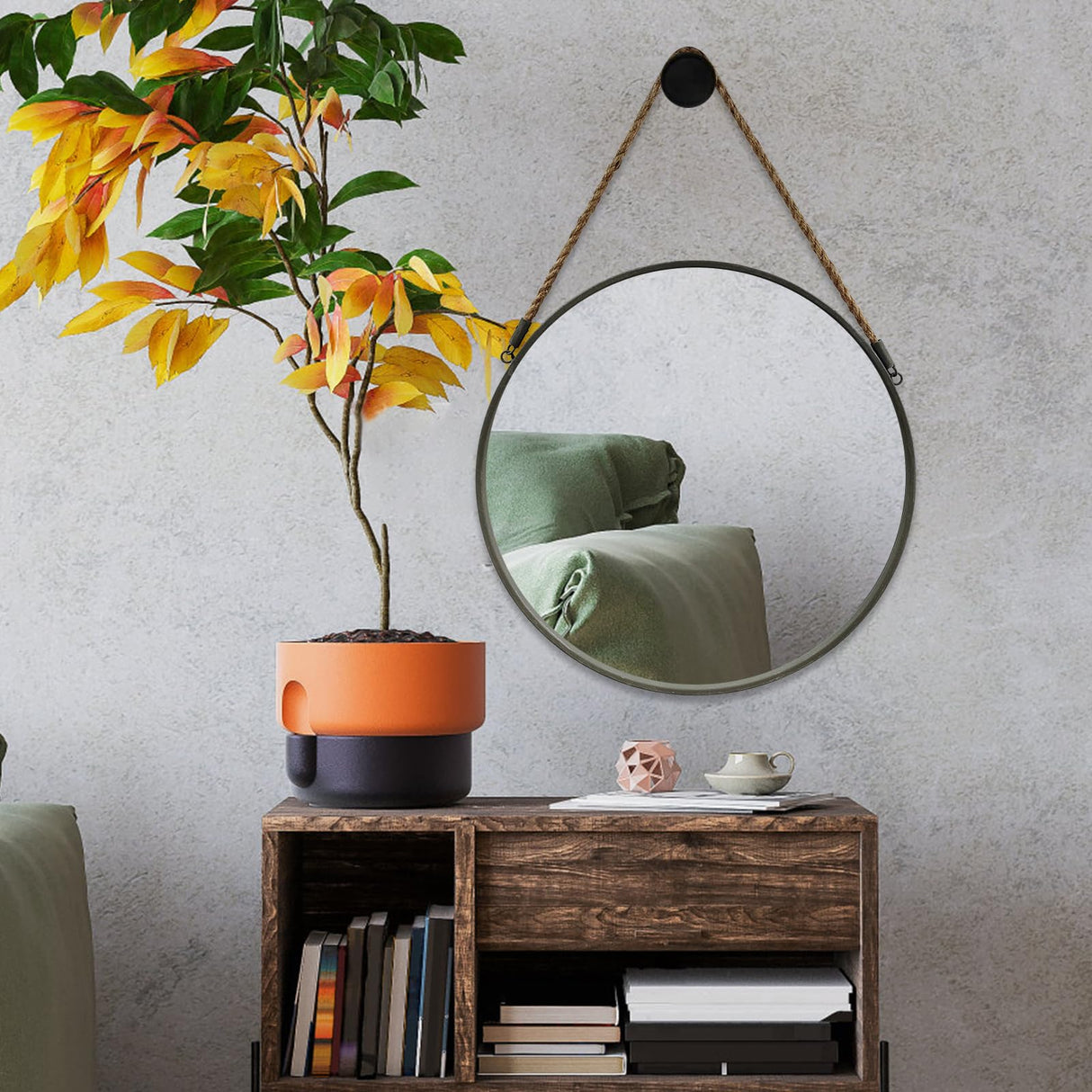 POZINO Round Mirror, Rope Hanging Mirror, 15 Inch Farmhouse Circle Wall Mirror for Bathroom Bedroom Living Room Entryway Home Decor, Grey POZINO