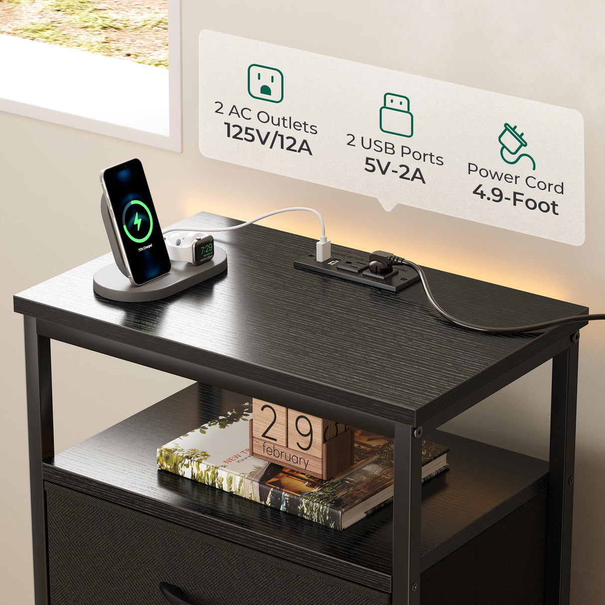 Huuger Nightstands Set of 2, End Tables with Charging Station, Side Tables with Fabric Drawers, Bedside Tables with USB Ports and Outlets, Night Stands for Bedroom, Black Huuger