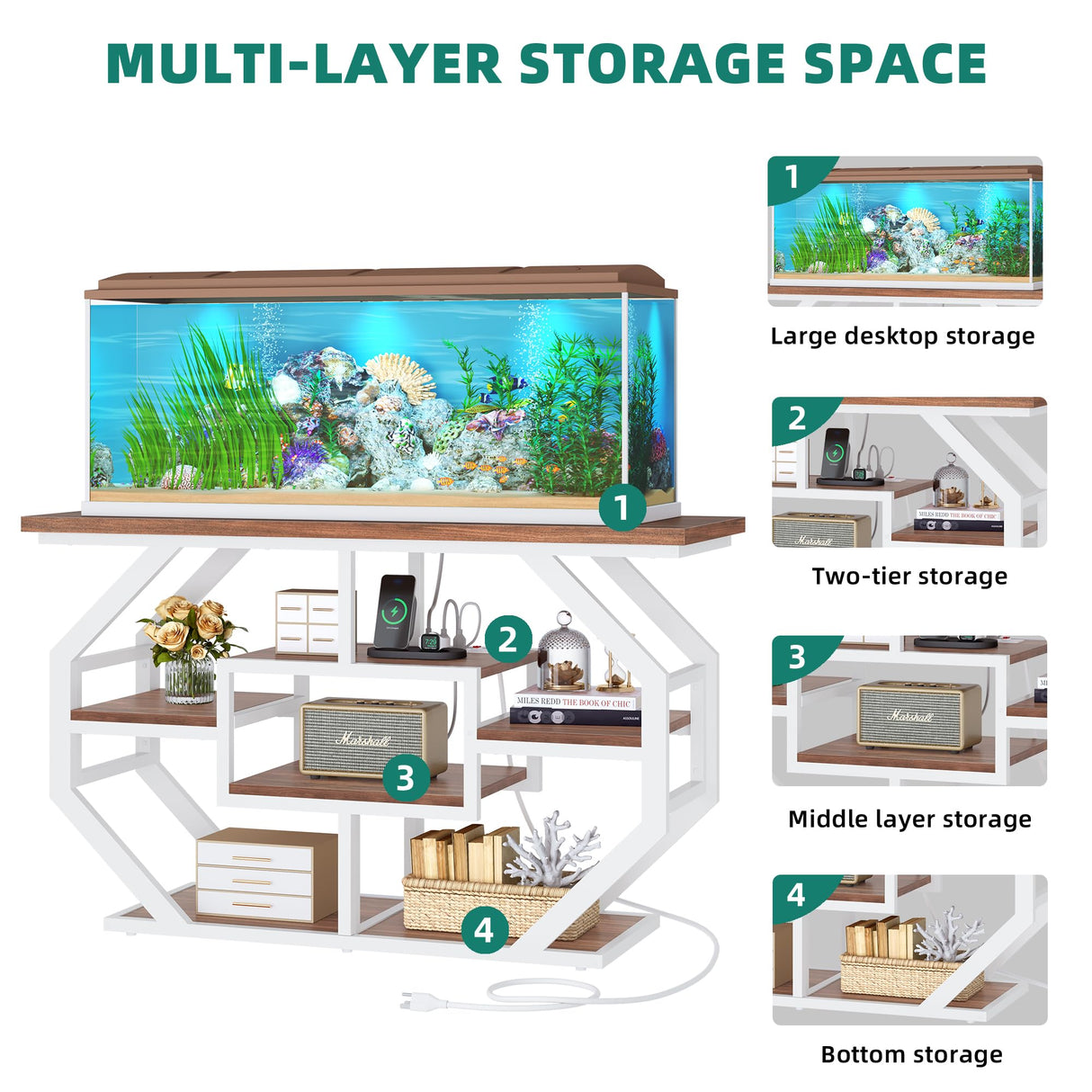 YITAHOME Heavy Duty 55-75 Gallon Fish Tank Stand with Power Outlet, Marble Aquarium Stand for Fish, Turtle, Reptile Terrarium, Shelves for Fish Tank Accessories Storage, 860LBS Capacity, White & Walnut YITAHOME