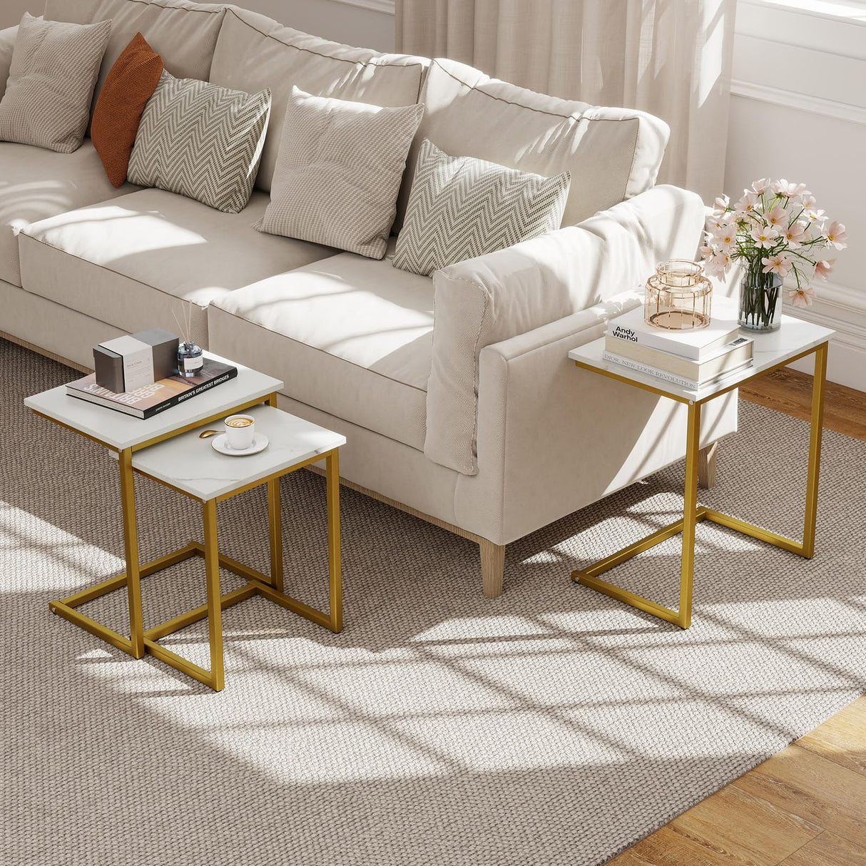 Giantex Nesting Coffee Table Set of 3, Stackable Square End Table w/Faux Marble Tabletop & Heavy-Duty Metal Frame, Farmhouse C-Shaped Accent Table for Small Space, Living Room, Bedroom (White Gold) Giantex