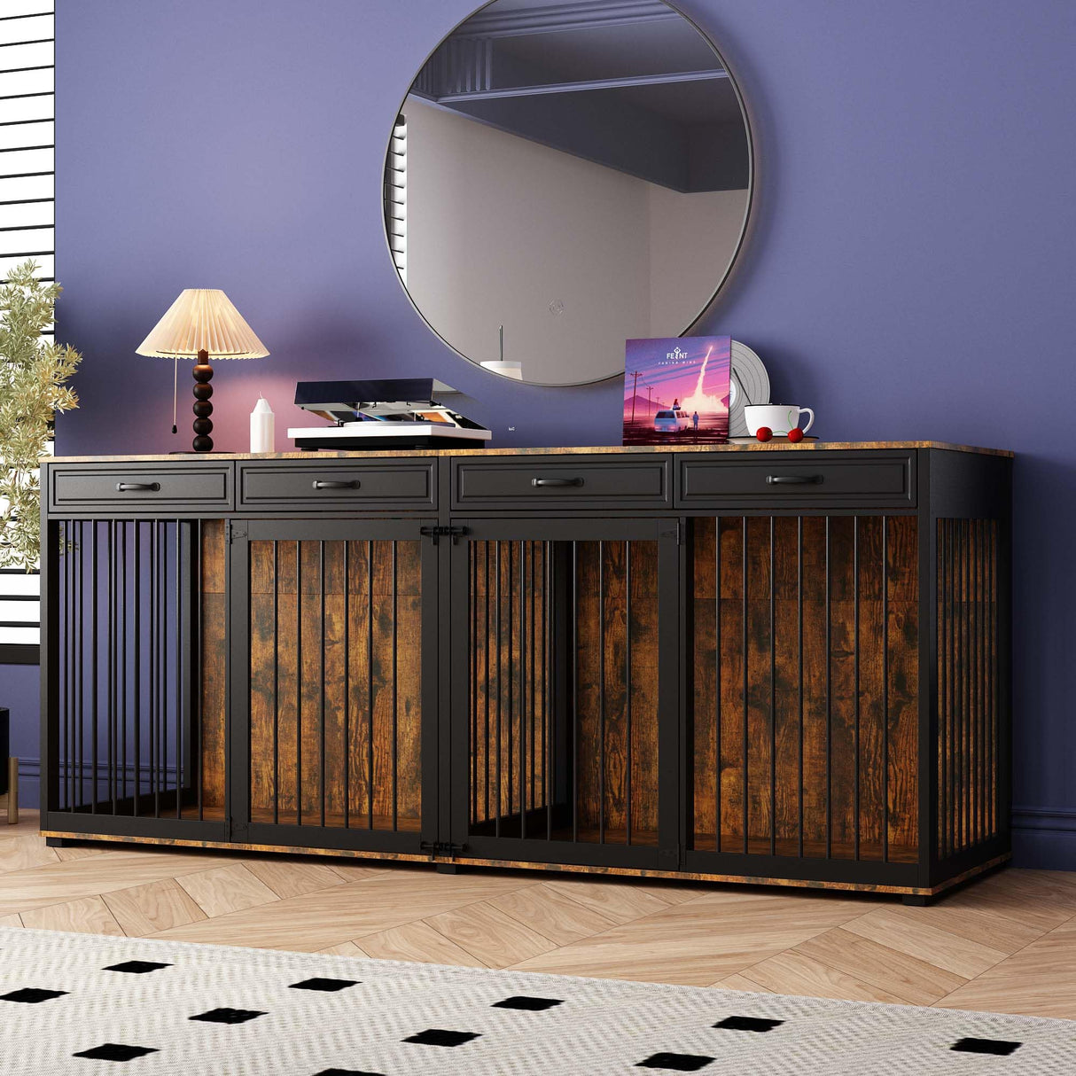 Timechee 93" Extra Large Dog Crate with Double Rooms, Heavy Duty Wooden Dog Cage Furniture Dog Crate Kennel with Drawers & Removable Divider,Indoor Luxury Dog House for Large Medium Dogs, Rustic Brown Timechee