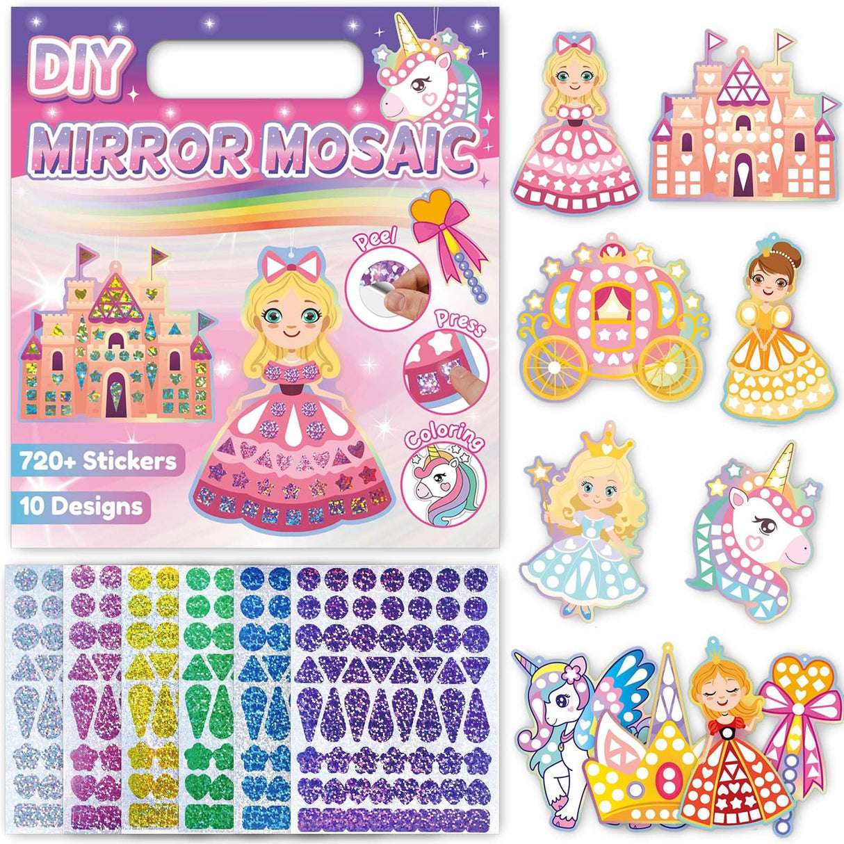 iGetooy 10 Sets DIY Mosaic Stickers for Kids, Princess & Unicorn Art Craft Kit with 720+ Stickers, Travel Toys for Kids, Birthday Gifts for Girls Boys 3-8 Year Olds iGetooy