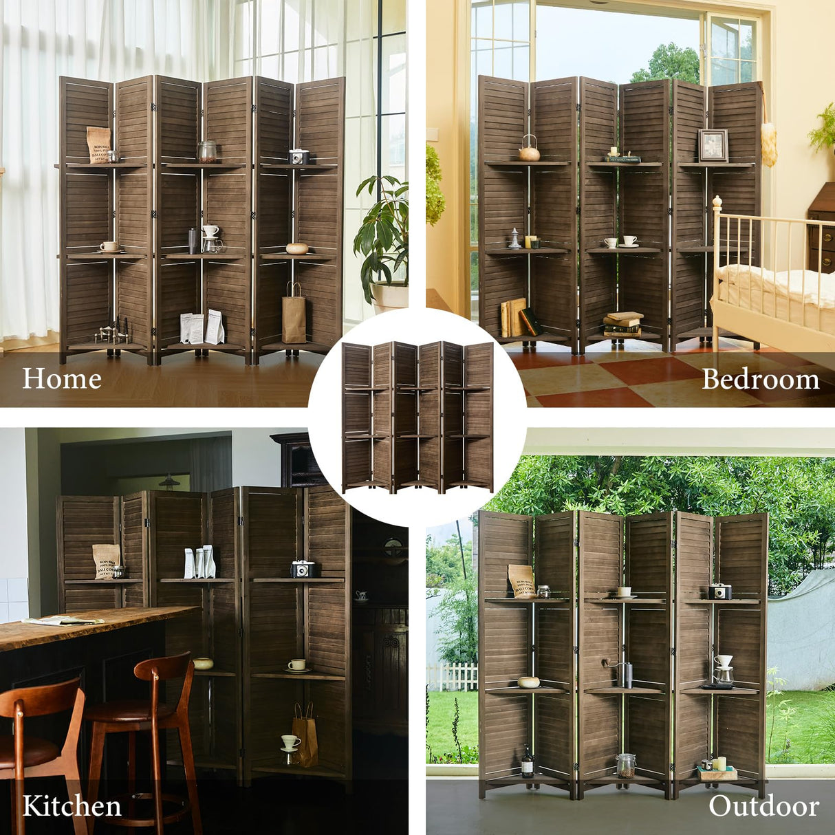 Room Divider with Shelves, 5.6 Ft Tall Folding Wood Screen with Double Hinges for Home Office Bedroom Hotel Decoration (6 Panels, Brown) Svimi