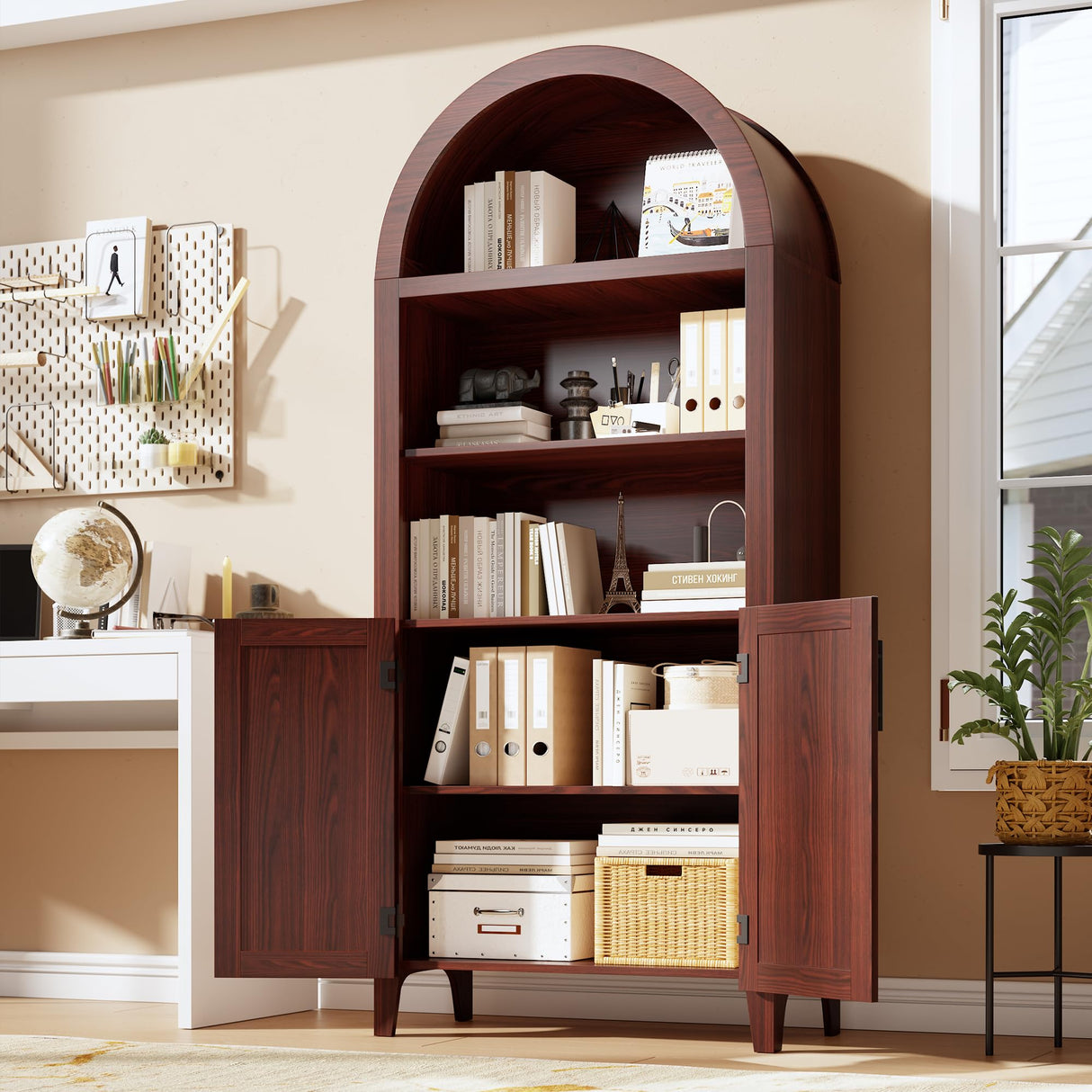 GarveeHome Arched Bookcase with Doors - 5-Tier Open Display Shelf, Modern Bookshelf Storage Cabinet for Home Office Living Room Library, Walnut GarveeHome