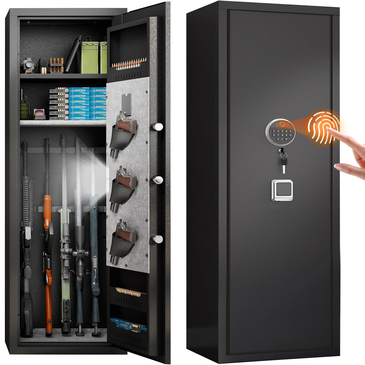 ErgoNova 57" Large Gun Safe,Biometric 5-Gun Safe Cabinet,Quick Access Long Gun Pistols,Rifles and Shotguns Gun Cabinet,with 3 Pistol Bags and LED Light Adjustable Gun Rack,Assembled(Black) ErgoNova