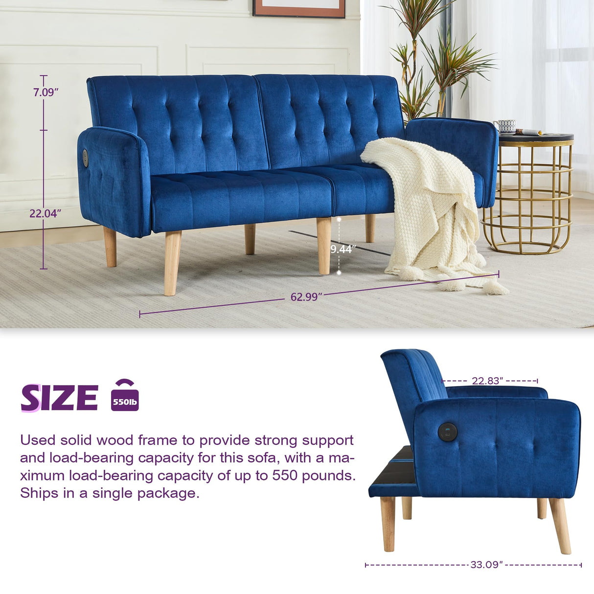 TYBOATLE 65" W Velvet Modern Convertible Folding Futon Couch Sofa Bed w/ 2 USB Charging Ports for Compact Living Space, Small Couches for Office, Dorm, RV Room, Apartment, Bedroom (Navy Blue) TYBOATLE