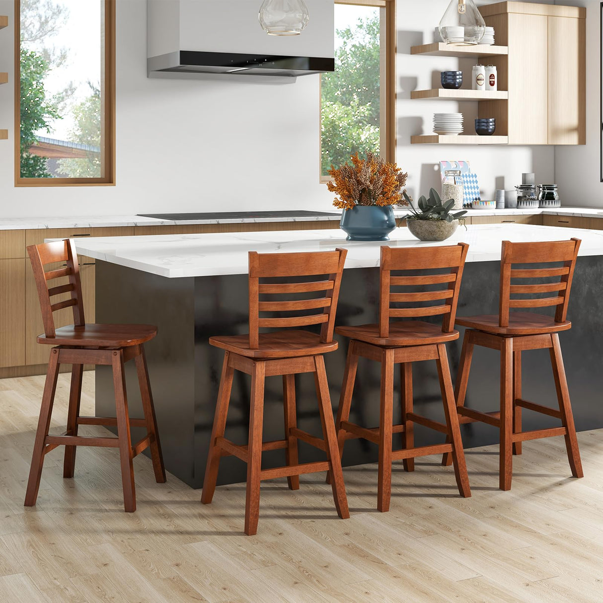 Giantex Wood Bar Stools Set of 2, 24.5" Swivel Counter Height Bar Stools with Slatted Hollow Back & Ergonomic Contoured Seat, Footrest, Farmhouse Wooden Barstools for Kitchen Island, Bar, Cafe, Walnut Giantex