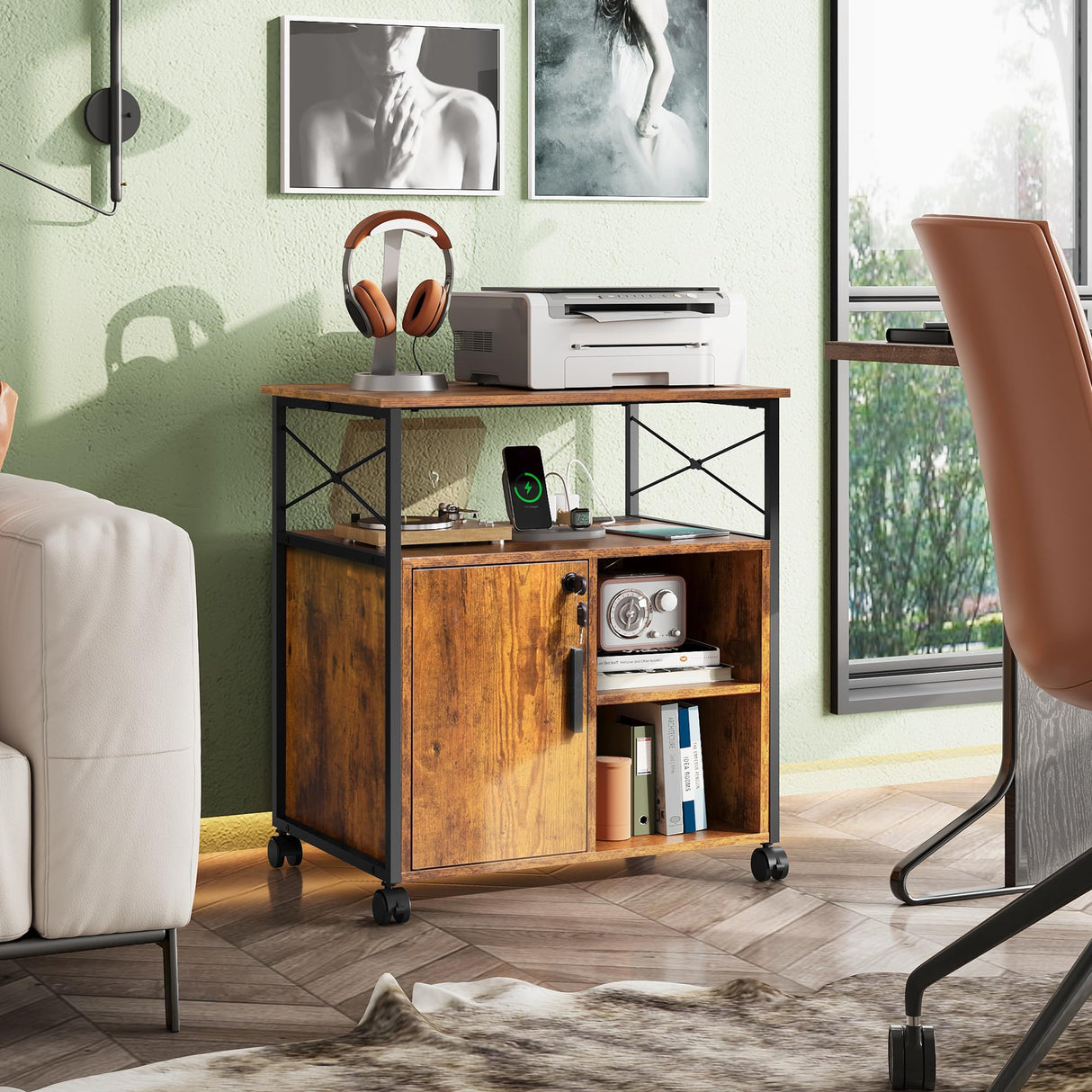 DEVAISE File Cabinet with Charging Station, Lockable Lateral Filing Cabinets for Home Office, Printer Cabinet Accommodates A4/Letter Size File folders, Rustic Brown DEVAISE