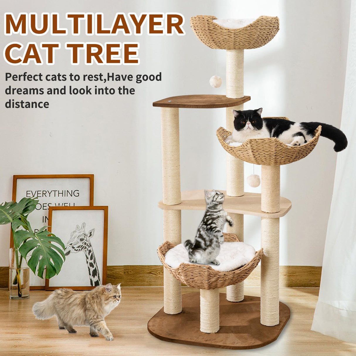 Big Modern Design Cat Tree Tower with White Cloud Mat, Unique Cat Supplies Tower with Scratching Post, Cute Wood Cat Tree Cat Furniture Activity Centre for Indoor Big Cats SHODMI