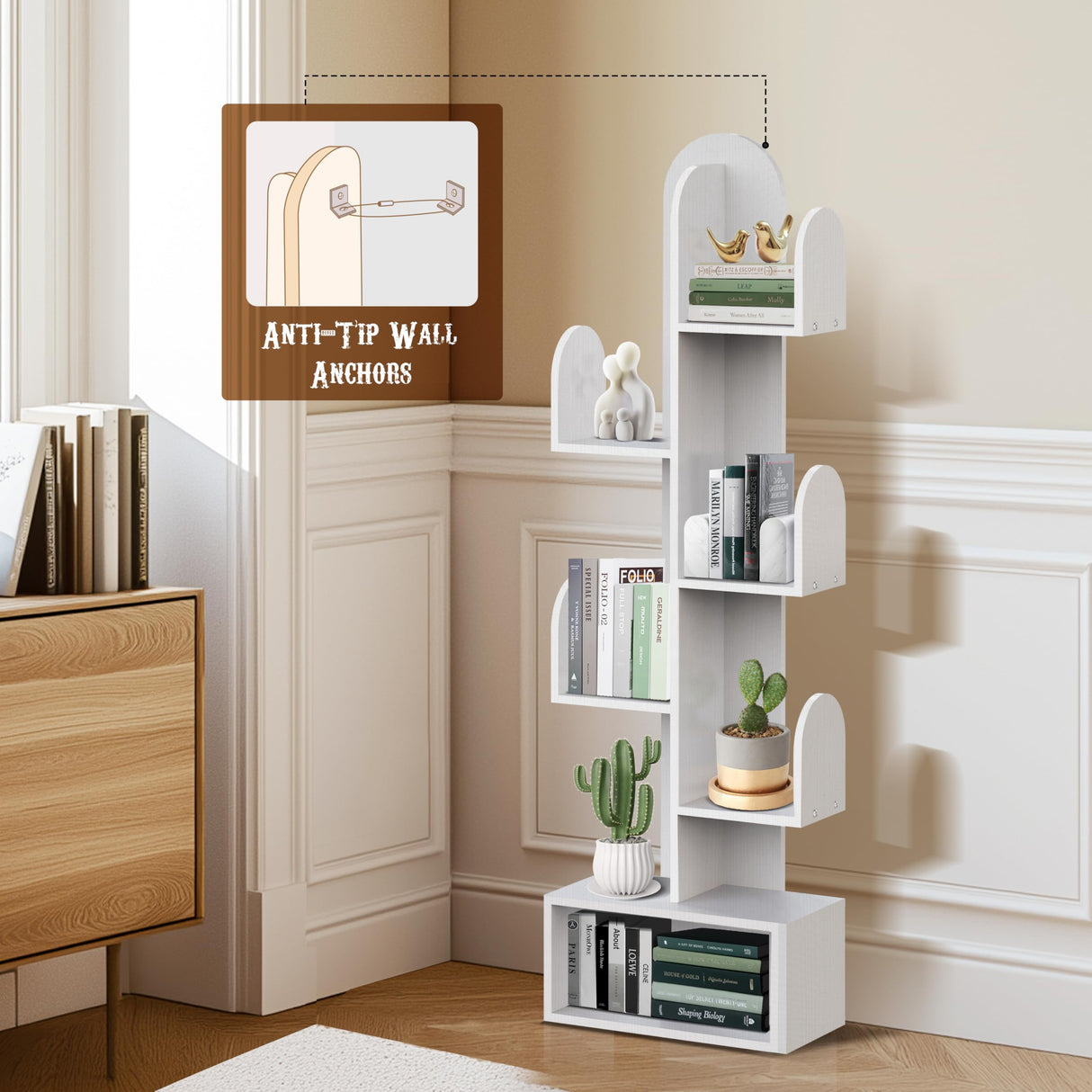 DOZILY Cactus Tree Bookshelf, 5-Tier Wood 50" Tall Book Storage Rack for CDs/Movies/Books, Small Space-Saving Organizer Shelves for Living Room, Bedroom, Home Office (White) DOZILY