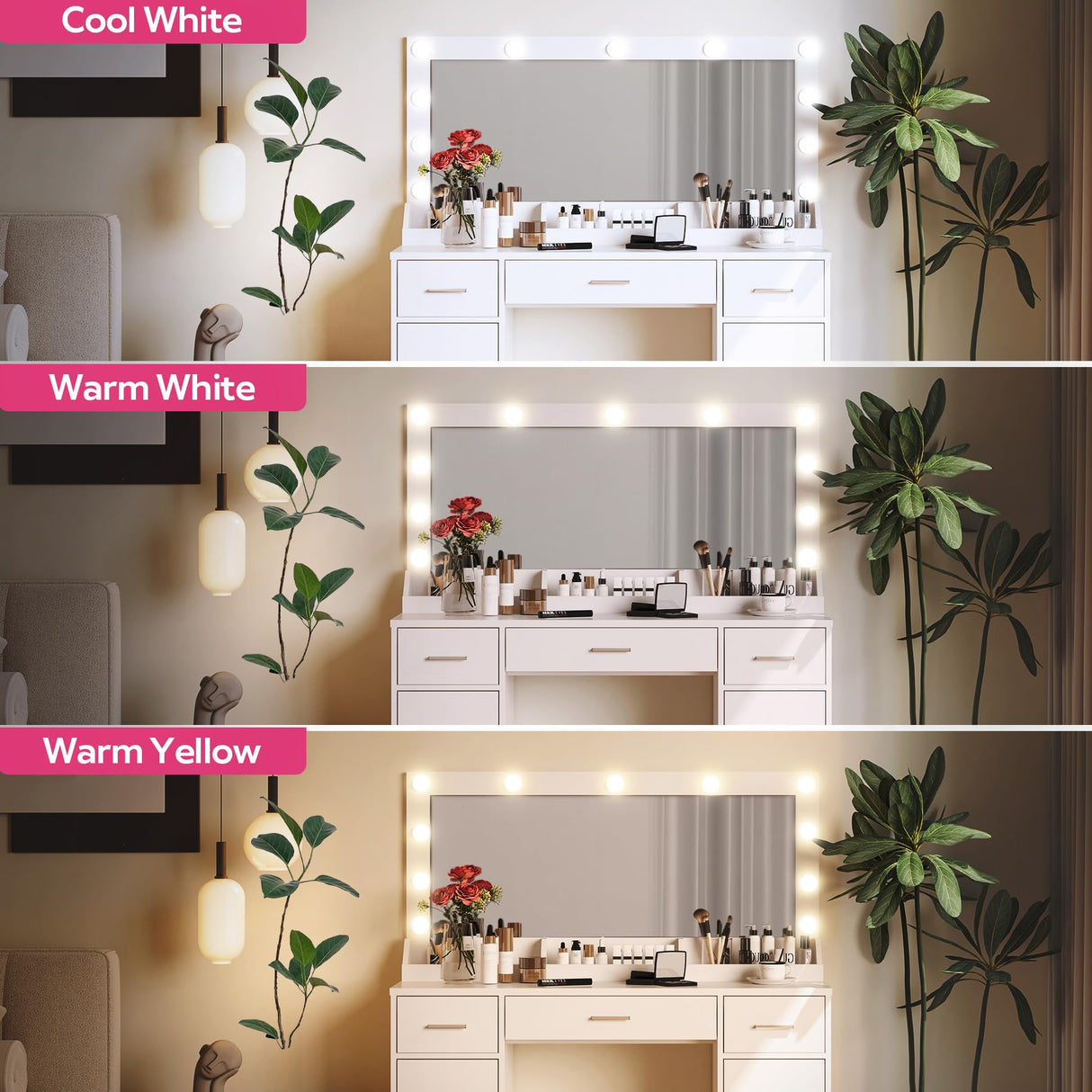 MIRROTOWEL 47.5” Vanity Desk with Large Mirror, 3 Colour Lighting Modes, Adjustable Brightness, Dresser with 3 Drawers & 2 Vertical Cabinets, Makeup Vanity Table for Women Girls White MIRROTOWEL