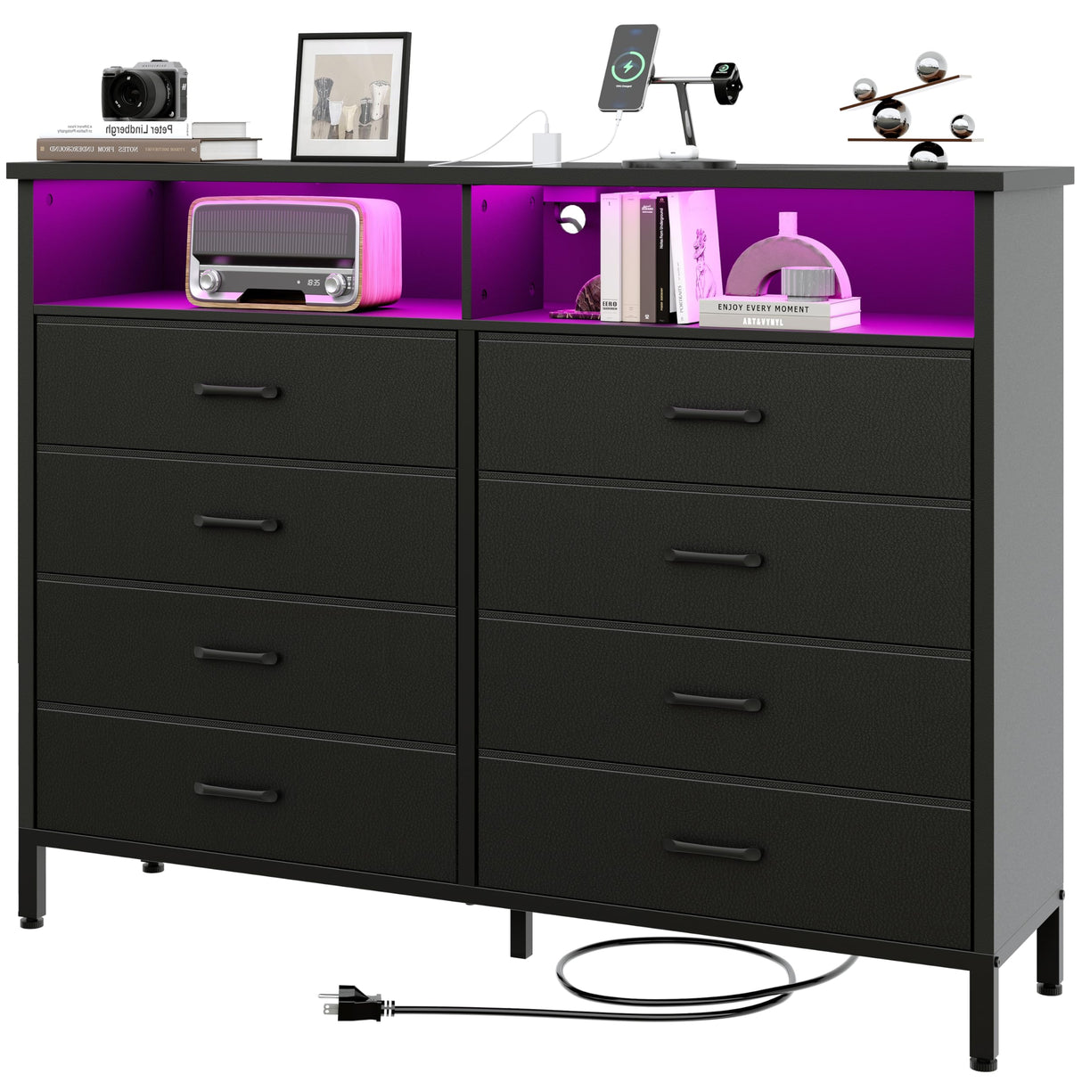 SOOWERY Black Dresser for Bedroom Led Bedroom Dresser with Charging Station, Tall Dresser with 8 Fabric Chest of Drawers, Dresser for Kids Room, TV Stand for up to 60" TV for Living Room SOOWERY