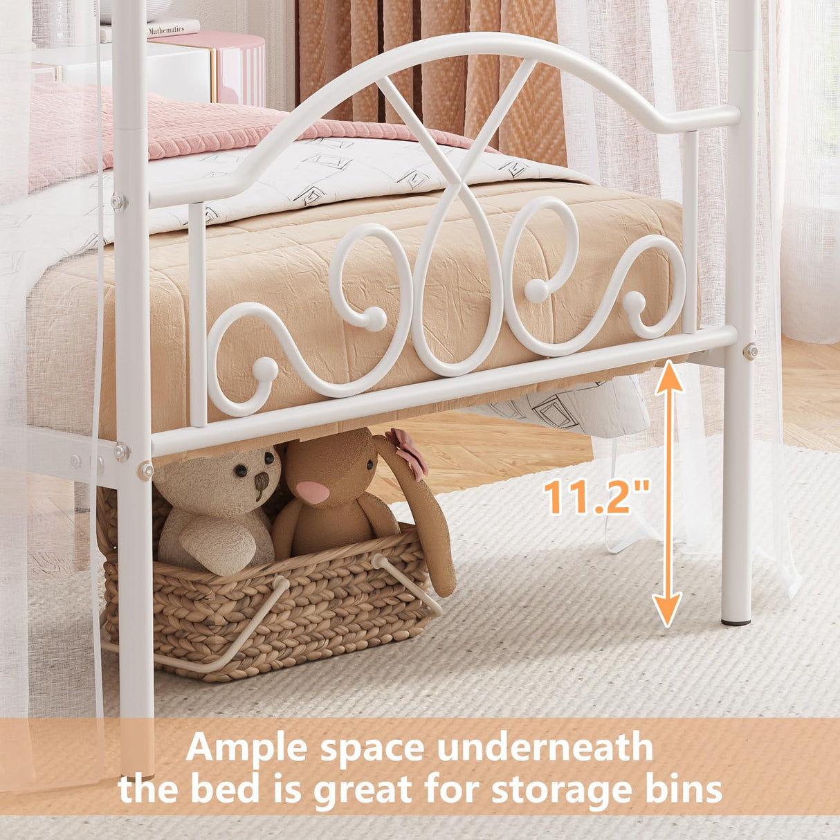 Weehom Twin Canopy Bed Frame with Headboard and Footboard Metal Four Posters Curtains Design Mattress Foundation Bed Platform Underbed Storage Space No Box Spring Needed for Kids Adults White Weehom