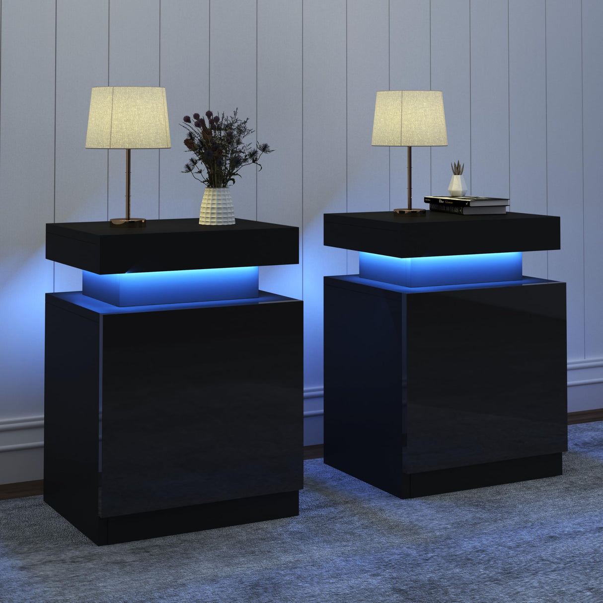 oneinmil Nightstand Set of 2, LED Nightstand with One Cabinet, Bedside Table with LED Lights, Modern End Side Table for Bedroom, Black oneinmil