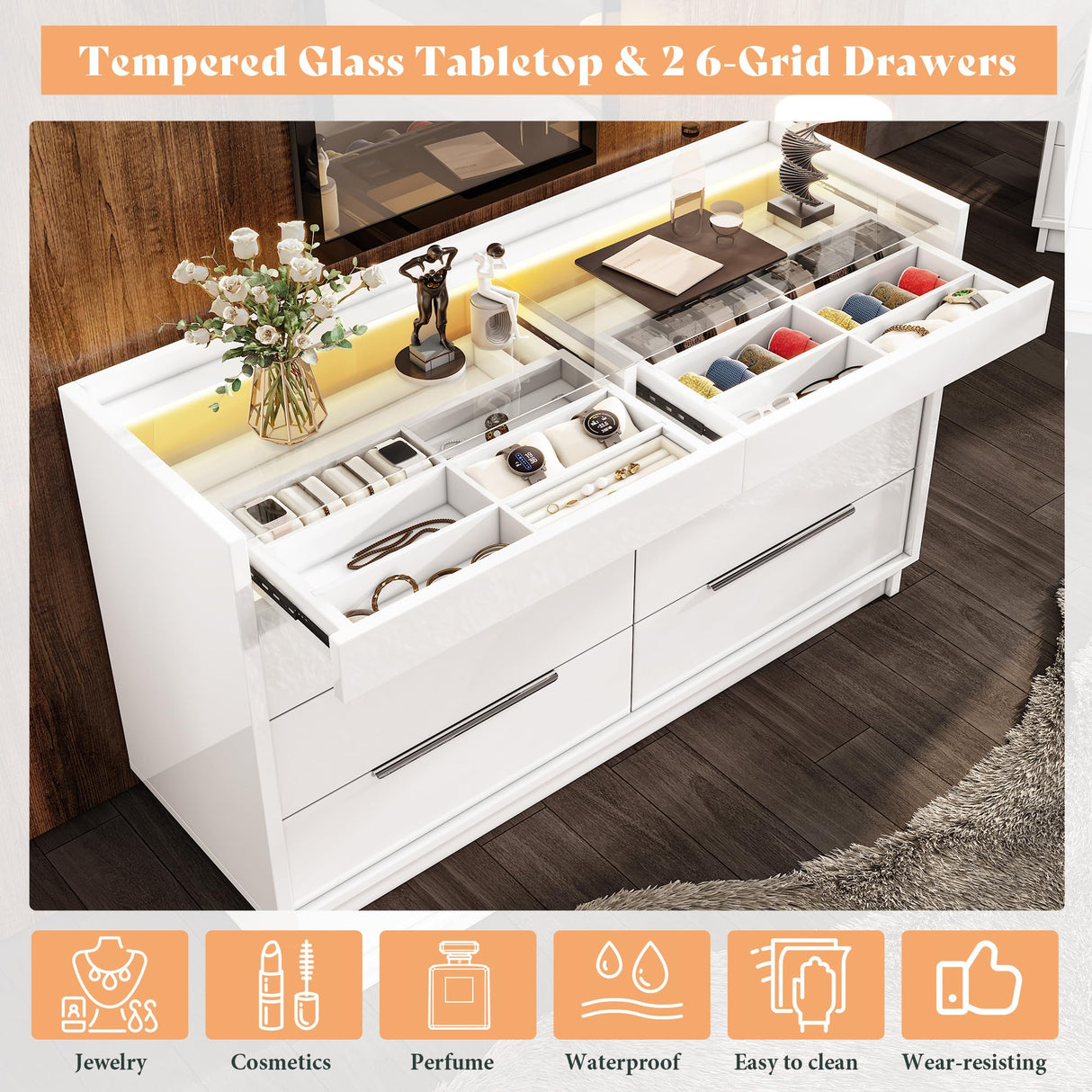 AMERLIFE 47.2" W 8 Drawer Dresser with LED Light & Glass Top, Modern High Gloss Storage Chest with 2 Jewelry Drawers, Storage Organizer for Bedroom, White AMERLIFE