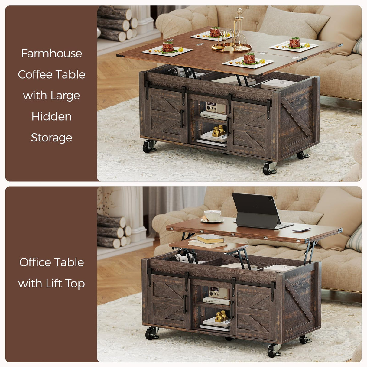Turosur Lift Top Coffee Table with Storage, 4 in 1 Farmhouse Coffee Table with Lockable Rolling Wheels and Hidden Compartment, Center Table with 4 Sliding Barn Door for Living Room Turosur