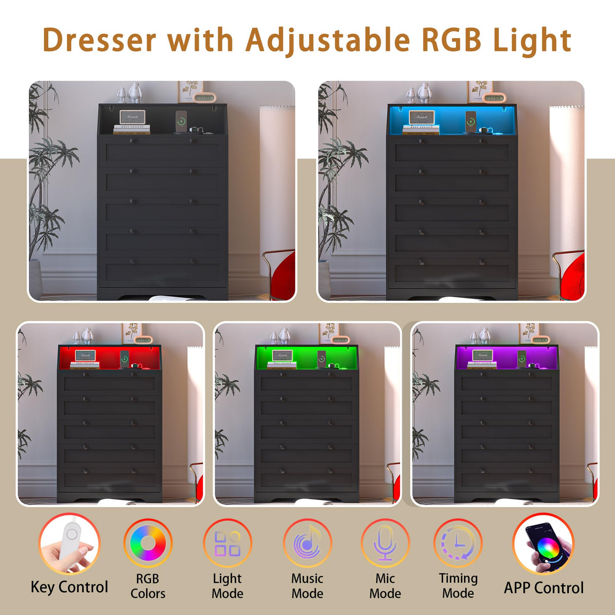 Wodeer Black Dresser Tall 5 Drawer Dresser for Bedroom, Wood Chest of Drawers with LED Lights, Charging Station, Metal Handles, Modern Storage Cabinet and Organizer Drawers for Living Room, Hallway Wodeer