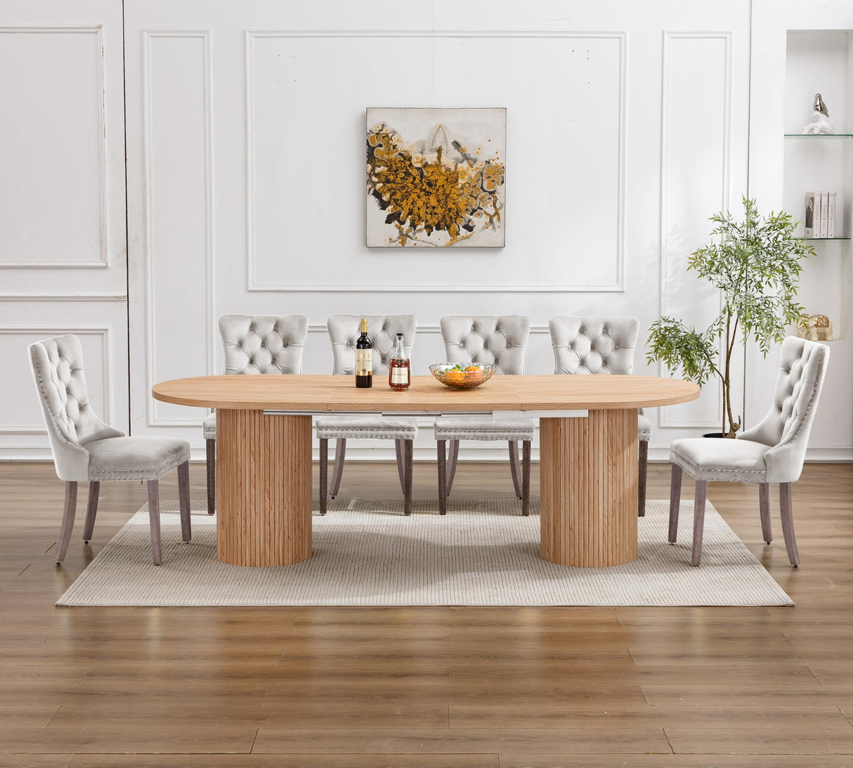 63"-94" Large Extendable Dining Room Table Set for 10, 11-Piece Oval Dining Table Set with 10 Beige Upholstered Chairs, Space Saving Farmhouse Expandable Kitchen Table Set with Fluted Wood Base Pvillez