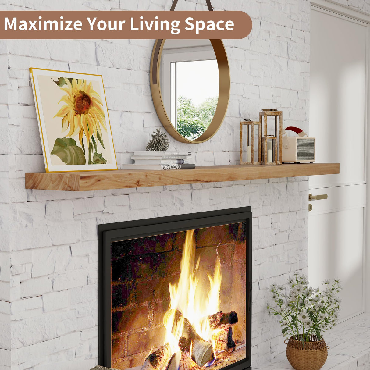 Axeman Floating Shelves for Wall, Rustic Elm Wood 72'' W x 8" D Wall Mantel Shelf with Invisible Bracket, Large Long Wall Mounted Storage Shelves for Living Room, Bedroom, Kitchen, Bathroom, Natural Axeman