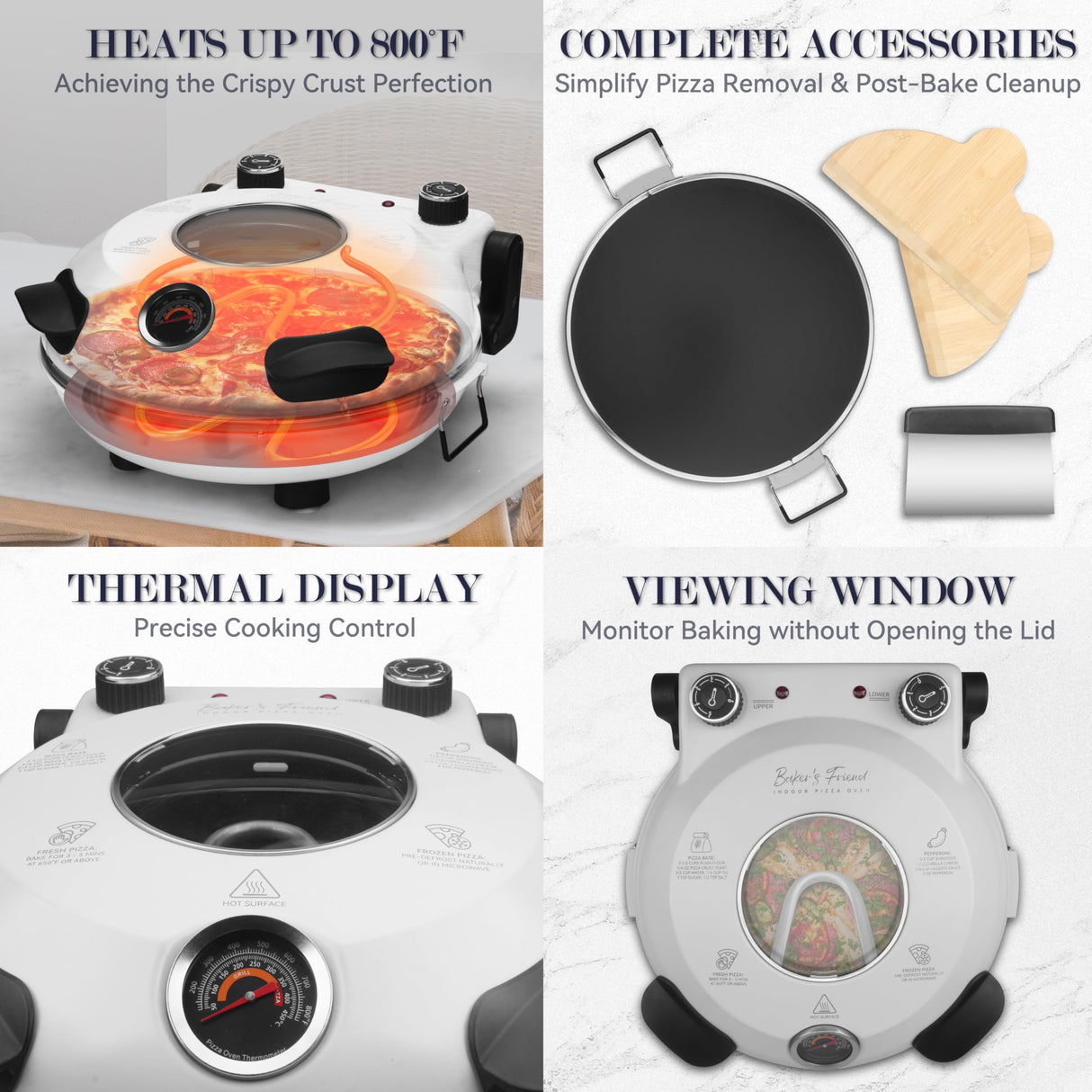 Baker’s Friend Electric Pizza Oven Indoor Countertop, 12 Inch Pizza Maker Machine for Home, Pizza Cooker & Pizza Grill, Premium Glazed Ceramic Stone Pizza Oven, Creamy White Baker's Friend