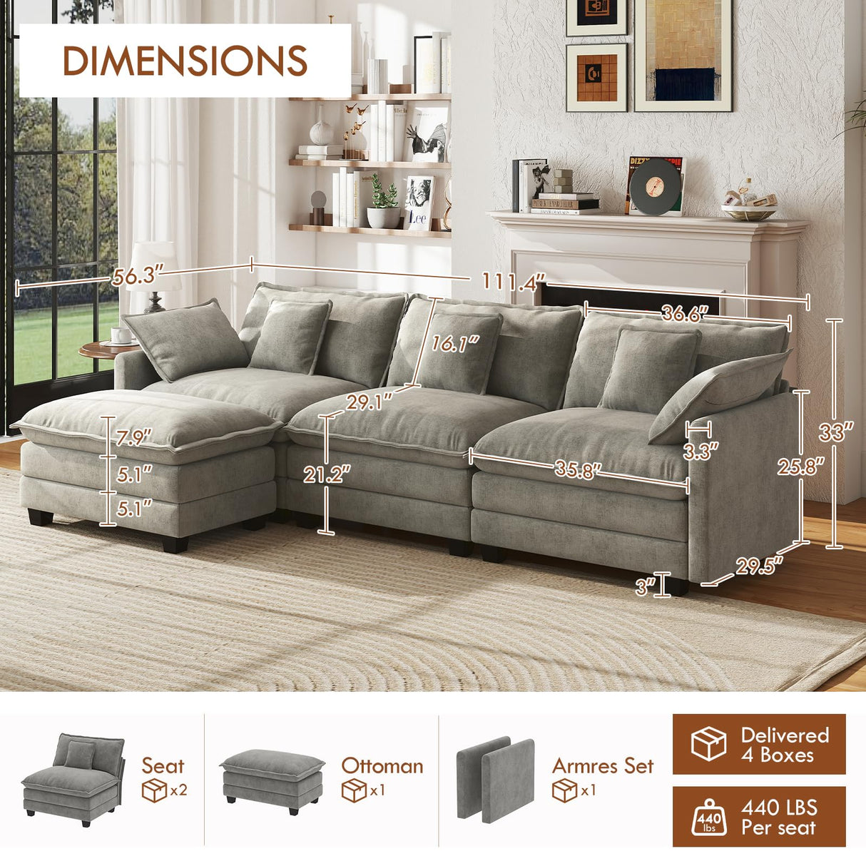 WorthFurni 111.4” Cloud Couch, Modular Sectional Sofa, Comfy Modern 3-Seater Couches with Pillows & Upholstered Deep Seat Cushion for Apartment Living Room Bedroom (Grey) WorthFurni