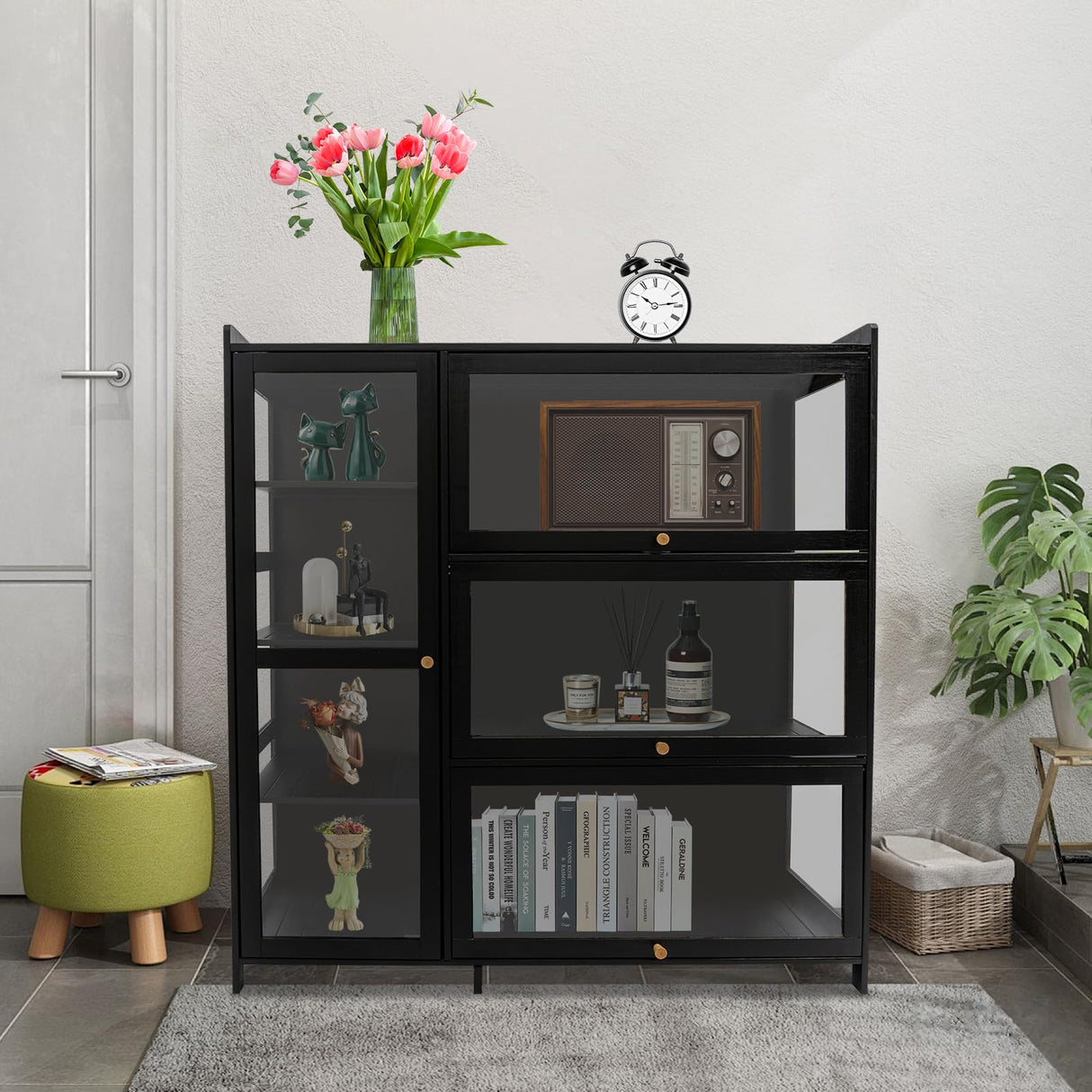 BANEBONE Display Cabinet with Acrylic Doors, 7 Storage Spaces Storage Cabinet & Curio Cabinet with Clear Acrylic Doors, Modern Black Bamboo & Composite Wood for Collectibles, Kitchen, Living Room BANEBONE