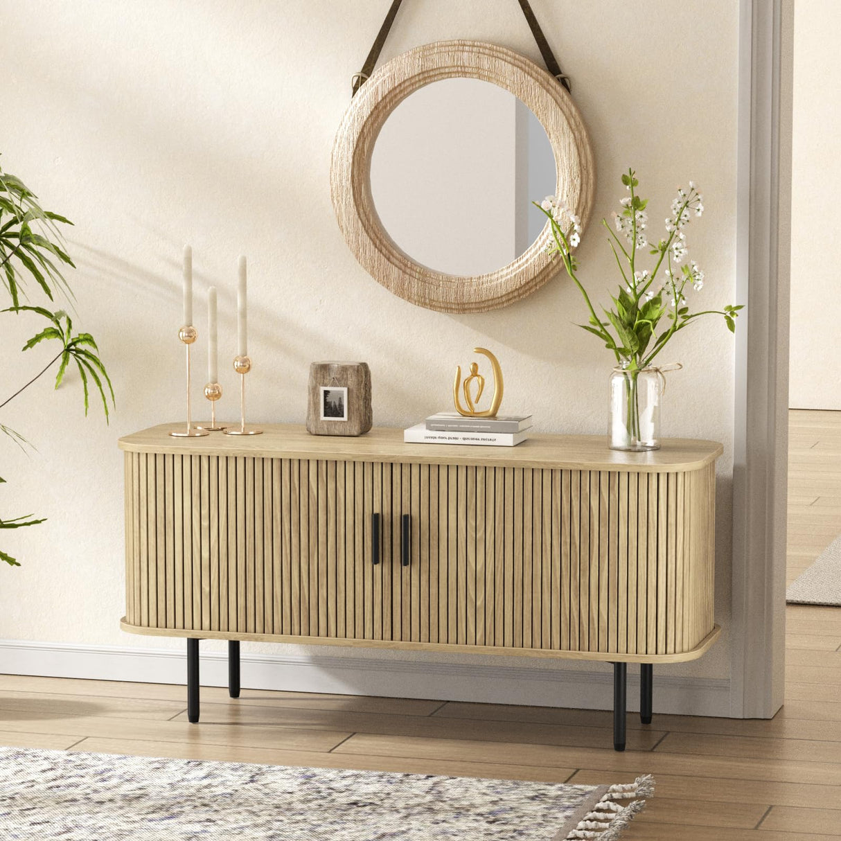 47''W Natural Storage Cabinet, Media Console, Tambour TV Stand, Television Stands with Curvy Edge & Sliding Door, Fluted Cabinet, Buffet Sideboard, Credenza, Table Stand for Living Room, Kitchen FiveWillowise