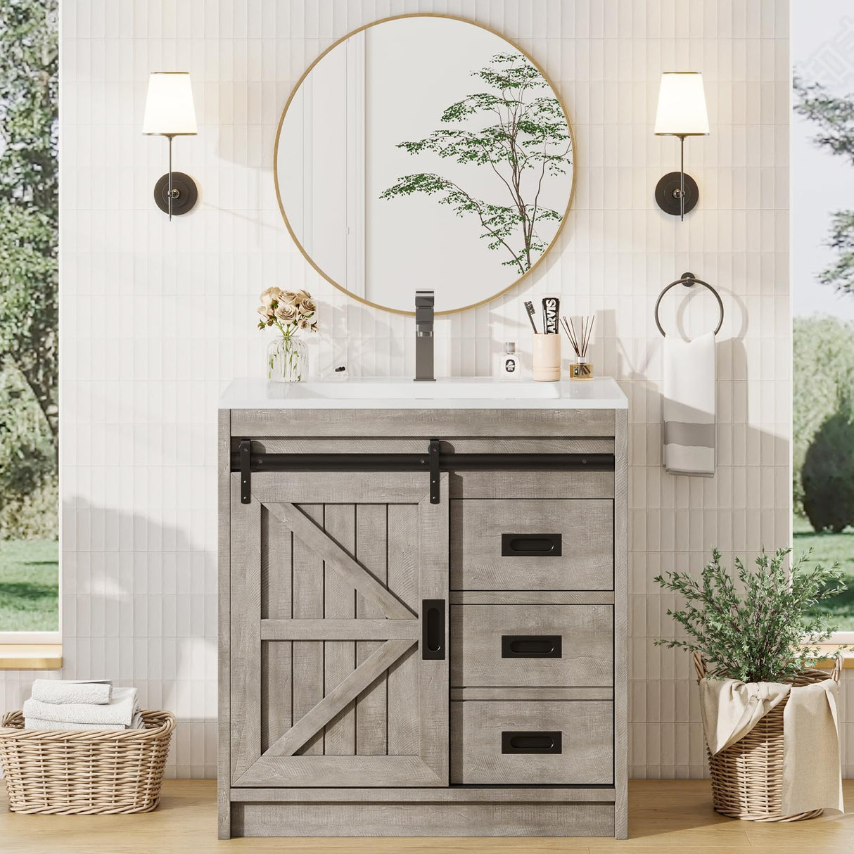 AMERLIFE Farmhouse Bathroom Vanity with Sink Combo, 31in Sliding Barn Door Bathroom Vanity Cabinet Set with Storage Drawers, Metal Handles, Small Single Bath Storage Vanity Sink, Light Grey AMERLIFE