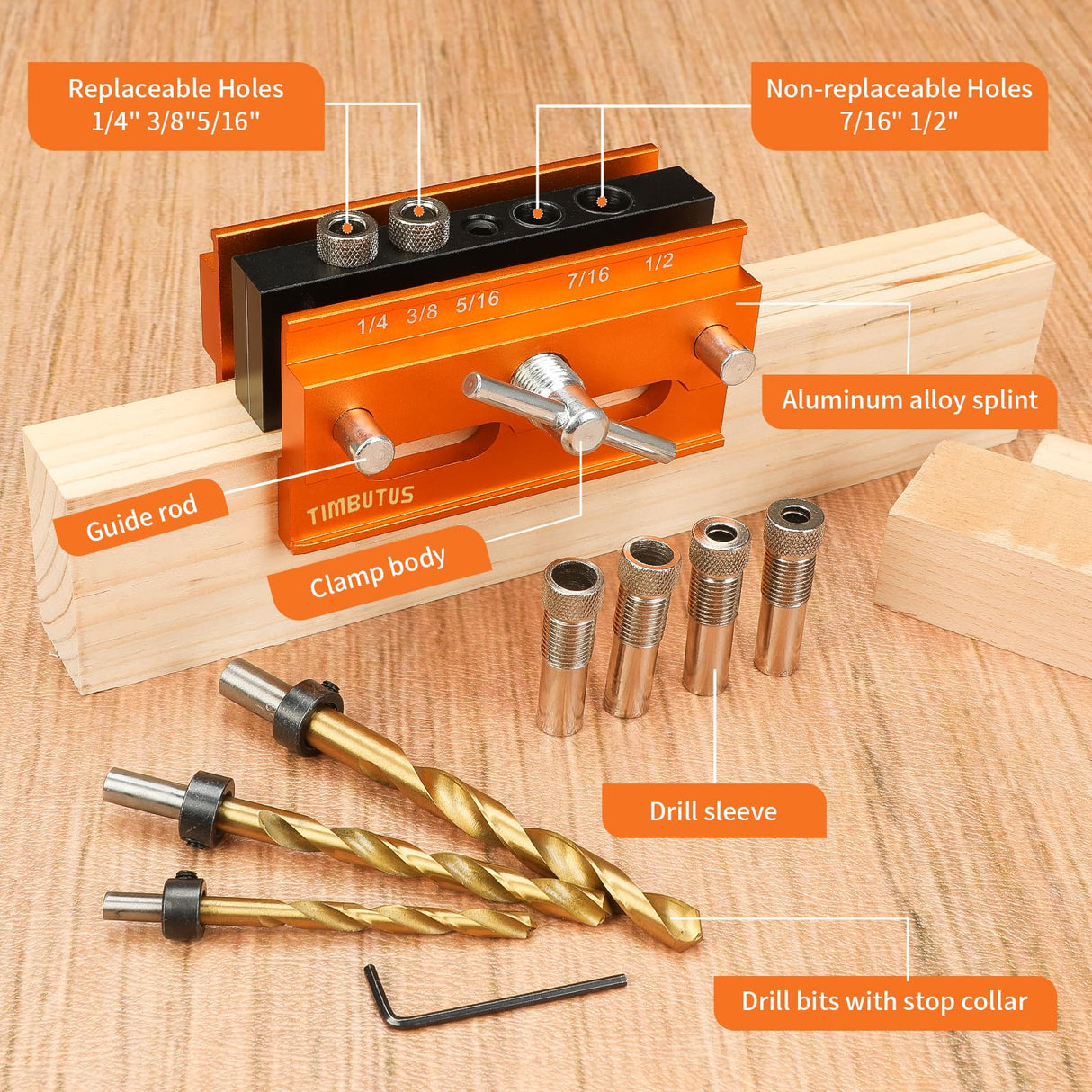 Self Centering Doweling Jig Kit - Adjustable Width Dowel Jig Kit for Straight Holes, Biscuit Joiner Set, 6 Bushings, 3 Size Drill Bits - Woodworking Precision Tool TIMBUTUS