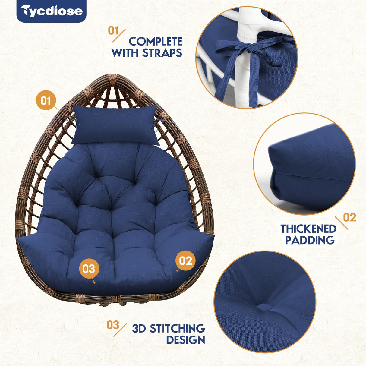 Tycdiose Outdoor Hanging Egg Chair Cushion Replacement, Thicken Egg Chair Cushion Waterproof Basket Eggs Chairs Cushion with Headrest Pillow, U-Shaped Cushions for Hanging Eggs Chairs Swing (Blue) Tycdiose