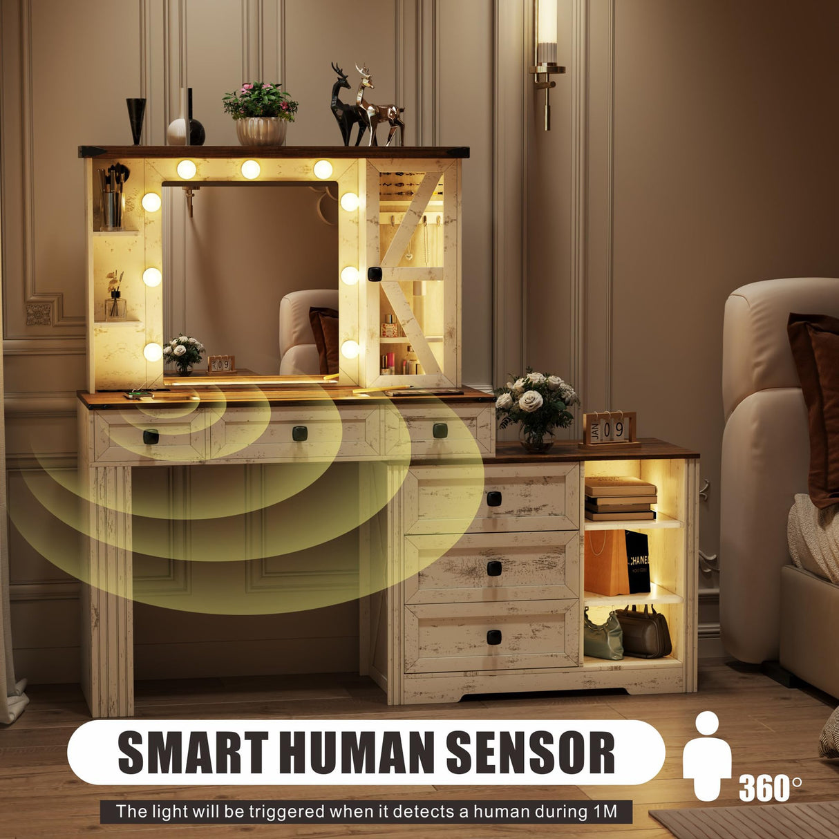 FREDEES Farmhouse Vanity Desk with Mirror and Lights, Makeup Vanity Table with 6 Drawers/Large Storage,White Dressing Table 3 Colors Adjustable Lighting Brightness & Charging Station for Women FREDEES