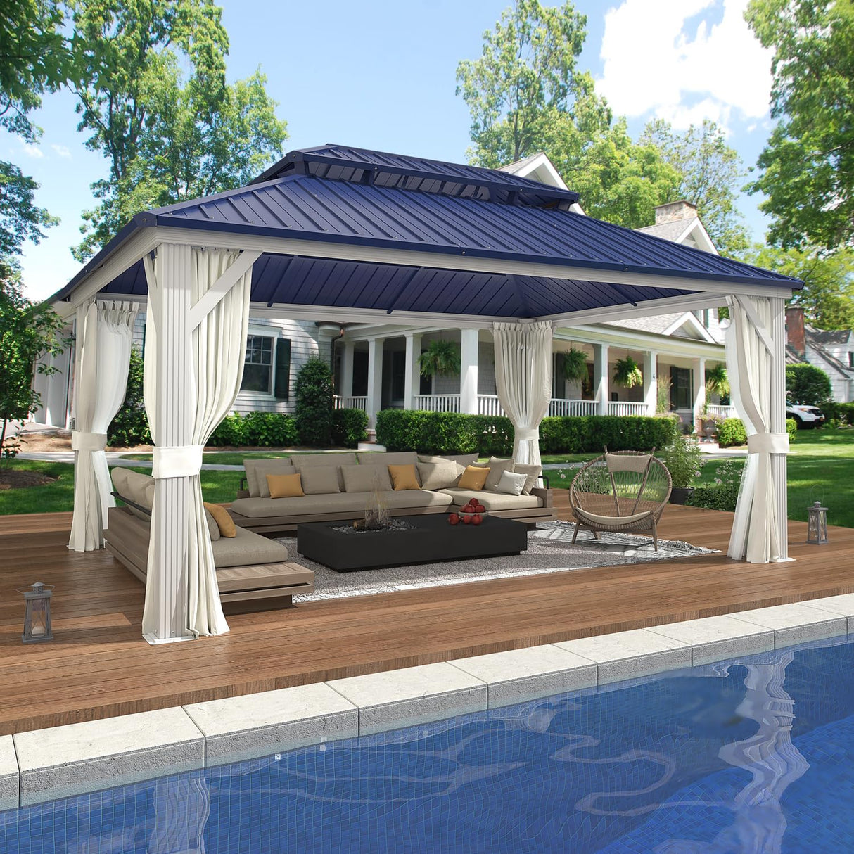 EROMMY 12'x16' Gazebo Hardtop, Galvanized Steel Double Roof Metal Gazebo with Aluminum Frame, Permanent Outdoor Pavilion with Curtain and Netting for Patio Lawn and Garden, Blue EROMMY