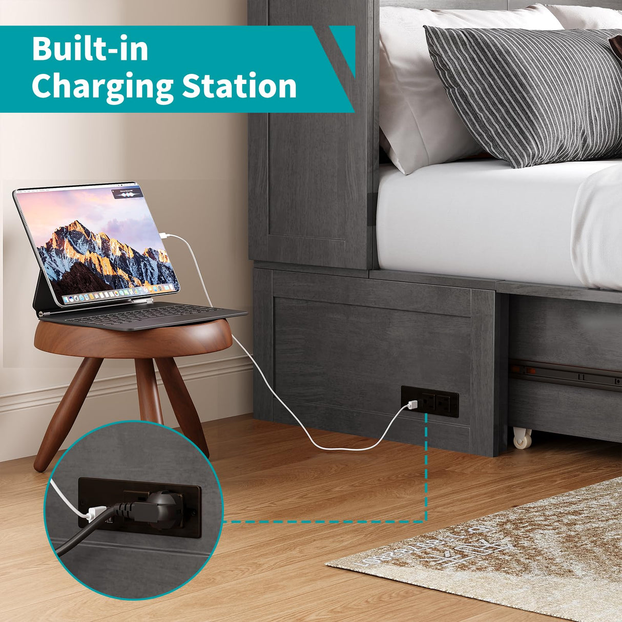 BALUS Murphy Bed Queen Size, Convertible Cabinet Bed with Tri-Fold Mattress and USB Charging Station, Foldable Night Stand Trays, Storage Drawer, Space Saving - Grey BALUS